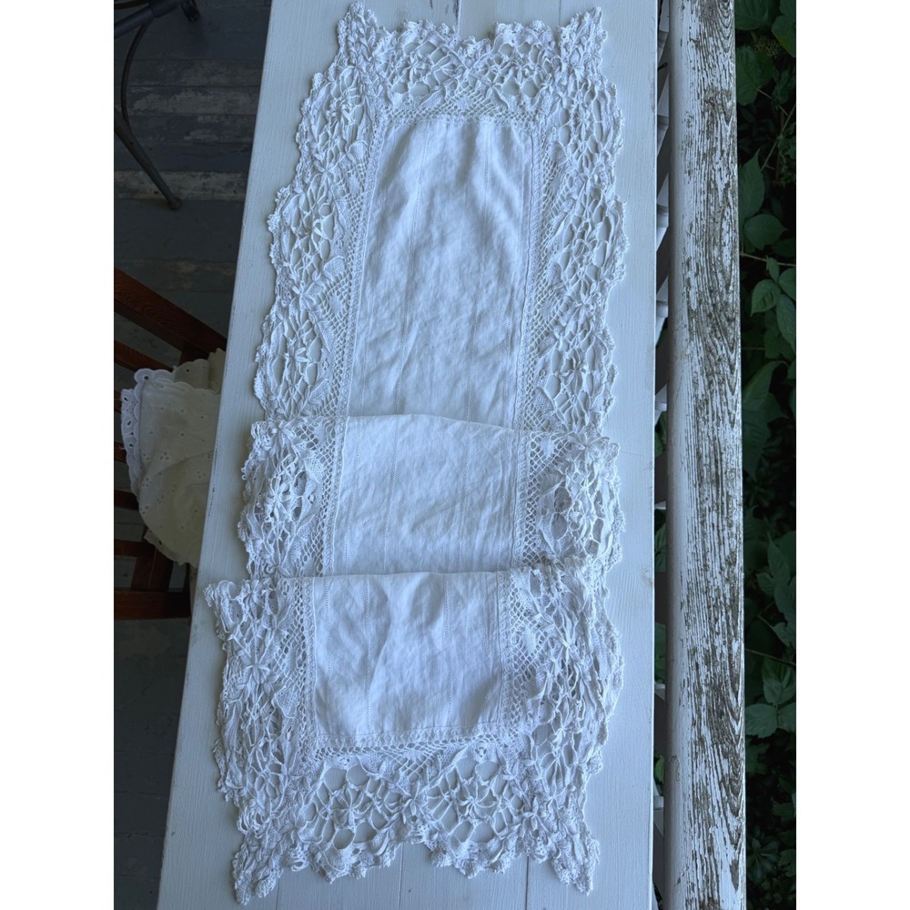 Vintage White Linen Table Runner Crochet Lace Trim Ladder Stitch 14x61 Rectangle